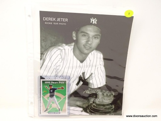 DEREK JETER 1992 DRAFT PICK TOPP'S ROOKIE CARD AND 8 X 10" BLACK AND WHITE ROOKIE YEAR PHOTO.