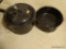 (MBR) LARGE BLACK/ WHITE SPOTTED METAL GRANITEWARE STOCK POTS WITH LID; MEASURES 6