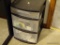 (MBR) PLASTIC 3-DRAWER STORAGE CONTAINER; BLACK TRIM ON FROSTED WHITE PLASTIC. MEASURES 12