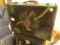 (LR) WOODEN VINTAGE HANDLED SUITCASE WITH DECORATIVE PARROT ON ONE SIDE; PLASTIC HANDLE WITH METAL