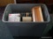 (SUN) GREY PLASTIC TUB LOT OF ASSORTED KITCHEN ACCESSORIES, SUCH AS PAPER TOWEL HOLDER, BREAD BOX,