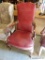 (GAR) MAHOGANY AND RED LEATHER UPHOLSTERED ARM CHAIR WITH BRASS STUFFING AND QUEEN ANNE FEET: 25? X