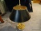 (LR) BRASS TRIPLE PEDESTAL LAMP WITH DARK GREEN LAMPSHADE; SHADE ADJUSTS UP AND DOWN WITH A TURN OF