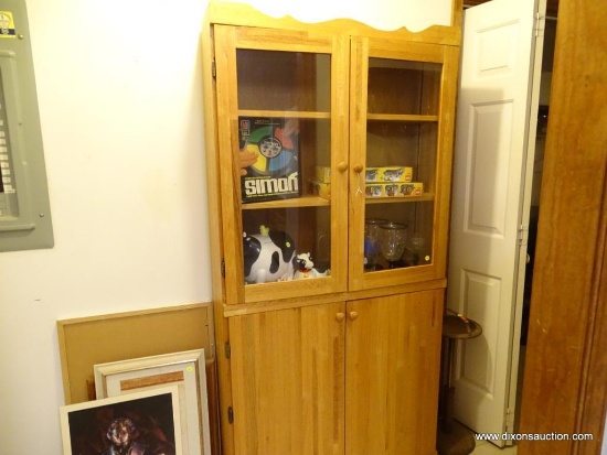 (HALL) LIGHT WOOD CUPBOARD/ CABINET; MAPLE CUPBOARD WITH TWO GLASS FRONT DOORS OVER TWO LOWER DOORS.