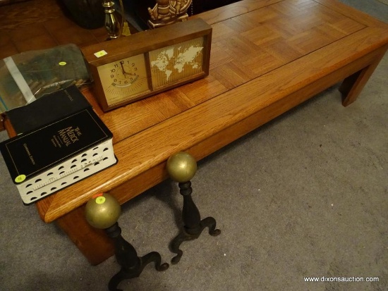 (LR) COFFEE TABLE; LIGHT WOOD WITH L-SHAPED LEGS AND GROOVED TOP SURFACE WITH CHECKED WOOD GRAIN