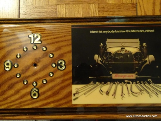 (LR) SNAP-ON WOODEN WALL CLOCK; THIS RECTANGULAR CLOCK HANGS IN A HORIZONTAL POSITION AND FEATURES A