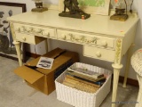 (MBR) VINTAGE WOOD DESK; PAINTED WHITE WITH CARVED FLORAL DETAIL ON SIDES AND 2 TOP DRAWERS. ALSO