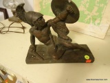 (MBR) VINTAGE CHALKWARE STATUE BY MARWAL INDUSTRIES; SPARTAN WARRIOR DEFENDING HIMSELF WITH A ROUND