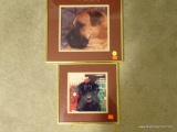 (MBR) PAIR OF FRAMED DOG PRINTS; MAROON MATTED IN GOLD TONE FRAMES. ONE IS OF A MASTIFF, OTHER IS A