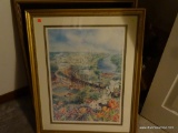 (MBR) FRAMED AND MATTED WALL ART; IMAGE OF A BUDDING CITY WITH A RIVER RUNNING THROUGH IT (NOT