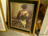 (MBR) FRAMED AND MATTED WALL ART; VICTORIAN PRINT OF YOUNG WOMAN GETTING READY FOR A FORMAL EVENT.