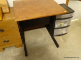 (MBR) SQUARE WOOD GRAIN TOPPED CAFE STYLE TABLE; BLACK TRESTLE STYLE METAL BASE ALLOWS THIS TO ALSO