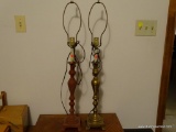 (MBR) VINTAGE BRASS LAMPS; ON HAS A PAINTED BASE, BOTH ARE TALL AND QUITE OLD, AS INDICATED BY THE