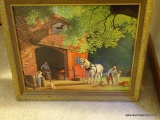 (MBR) FRAMED WALL ART; IMAGE OF A HORSE AND SEVERAL MEN WORKING IN A BLACKSMITH'S SHOP AND BARN,