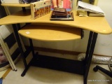 (CLOS) LIGHT WOOD GRAIN DESK WITH KEYBOARD SURFACE AND BLACK METAL TRESTLE STYLE BASE. MEASURES