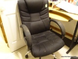 (CLOS) BLACK ROLLING OFFICE ARMCHAIR; ADJUSTABLE SEAT, TALL BACK, AND CHROME BASE WITH 5 LEGS FOR