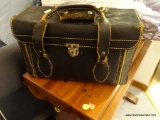 (LR) VINTAGE LEATHER TRAVEL CASE OR SADDLEBAG; BLACK LEATHER WITH METAL CLASP AND 2 SIDE HANDLES,