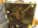 (LR) WOODEN VINTAGE HANDLED SUITCASE WITH DECORATIVE PARROT ON ONE SIDE; PLASTIC HANDLE WITH METAL