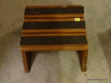 (LR) WOODEN FOOTSTOOL; SQUARE STEPPING SURFACE MADE FROM 3 PLANKS COVERED IN SANDPAPER FOR EXTRA