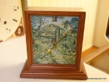 (K) RECTANGULAR WOODEN DESK CLOCK WITH IMAGE OF A PAGODA/ JAPANESE GARDEN, MEASURES 7