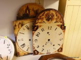 (K) PAIR OF CLOCK FACES; OLDE WORLDE THEMED WITH ARCHING TOPS OVER SQUARE FACES. ABOUT 14