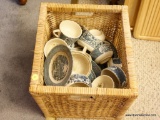 (DR) LOT OF BLUE AND WHITE UNMARKED DISH WARE; LOCATED INSIDE NATURAL COLORED WICKER CUBE. MAKER