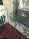 (OUT) SAGE GREEN PAINTED METAL SINGLE POTTED PLANT HOLDER AND 2-TIERED BASKET/HOLDER SITTING ON TOP.