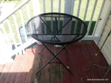 (OUT) ROUND BLACK METAL FOLDING INDOOR/OUTDOOR TABLE WITH WOVEN/MESH TOP; MEASURES ABOUT 30