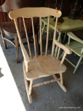 (GAR) NATURAL FINISH CHILD?S ROCKING CHAIR. IN GOOD CONDITION JUST NEEDS TO BE CLEANED: 15? X 23? X