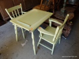 (GAR) GREEN PAINTED CHILD?S TABLE SET; INCLUDES TABLE: 24? X 18? X 20.5? AND 2 MATCHING ARMCHAIRS: