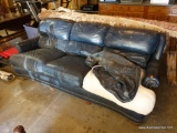(GAR) BLUE LEATHER 3 CUSHION SOFA WITH BRASS STUDDING AROUND THE ARMS. HAS DAY TO DAY WEAR: 74? X