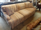 (GAR) 3 CUSHION STRIPE UPHOLSTERED SOFA BY HIGHLAND HOUSE. HAS ARM COVERS AND MATCHING PILLOWS: 88?