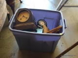 (GAR) TUB LOT: HUMPBACK CLOCK (CONDITION UNKNOWN), TIN FULL OF ASSORTED CLOCK PARTS, WATERBURY ALARM