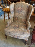 (GAR) MAHOGANY QUEEN ANNE WING CHAIR WITH FLORAL UPHOLSTERY AND SHELL CARVED KNEES: 29? X 31? X 43?