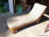 (GAR) MAHOGANY FAINTING COUCH WITH FLORAL UPHOLSTERED SEAT AND VERY DETAILED SIDES AND FEET: 70? X