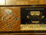 (LR) SNAP-ON WOODEN WALL CLOCK; THIS RECTANGULAR CLOCK HANGS IN A HORIZONTAL POSITION AND FEATURES A