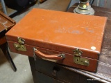 (GAR) BROWN LEATHER SUITCASE WITH BUILT IN FILING AREA AND PAPERWORK AMD MANUALS ON YORK OPEN
