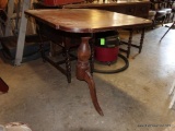 (GAR) MAHOGANY 3 LEGGED PEDESTAL BASE TABLE: 25? X 25? X 27?. 1 LEG NEEDS SOME TLC