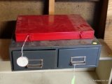 (GAR) RED METAL PADDED CARRYING CASE. AND A 2 DRAWER FILING UNIT WITH ASSORTED ELECTRICAL COMPONENTS