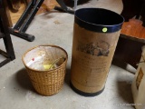 (GAR) METAL TRASH CAN WITH EMBOSSED SHEET MUSIC ?TO CHLOE?. INCLUDES A WICKER TRASH CAN WITH