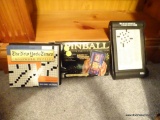 (LR) PUZZLES AND GAMES LOT; 6 TOTAL ITEMS/ SETS INCLUDING HANDHELD PINBALL, CROSSWORD PUZZLES,