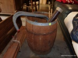 (GAR) WOODEN BARREL LOT; INCLUDES CHAIN LADDER INSIDE AS WELL AS SEVERAL CRUDE ARROWS WITH SHEATH.