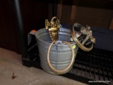 (GAR) GALVANIZED STEEL BUCKET WITH CONTENTS, INCLUDING VINTAGE STETHESCOPE, SOLID BRASS FEDERAL