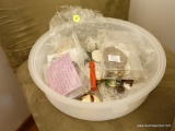 (DR) ROUND PLASTIC TRAY WITH ASSORTMENT OF VINTAGE TREASURES, SUCH AS SMALL UTENSILS, DOOR KNOCKERS,