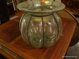 (LR) LARGE GLASS PLANTER WITH IRON STAND, SCALLOPED SIDES, MEASURES