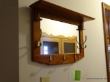 (HALL) WOODEN MIRRORED KEY RACK; HAS TOP SHELF AND HOOKS UNDERNEATH AND ALONG SIDES AND BOTTOM TO