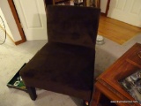 (LR) CHOCOLATE BROWN VELOUR SIDE CHAIR; SUPER SOFT AND COMFY WITH MODERN LINES, THIS SIDE CHAIR HAS