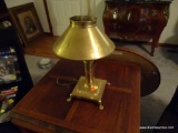 (LR) VINTAGE BRASS TABLE LAMP; HAS BRASS BELL SHADE THAT ADJUSTS UP AND DOWN, AS WELL AS A GLASS