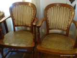 (DR) RATTAN-SEAT WOODEN ARMCHAIRS; ROUND BACKS UPHOLSTERED IN A PRETTY CREAM/ RED/ OLIVE GREEN