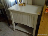 (DR) CONTEMPORARY WHITE PAINTED END TABLE; GROOVED SIDE PANELS AND LOWER STORAGE PLATFORM WITH